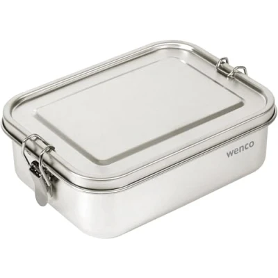 Afbeelding van lunchbox van roestvrij staal, met 2 vakken, broodtrommel 1200 ml inhoud (1 l netto inhoud), waterdicht, vaatwasmachinebestendig, incl. reserve siliconen ring, 18,5 x 14 5,5 cm, zilver