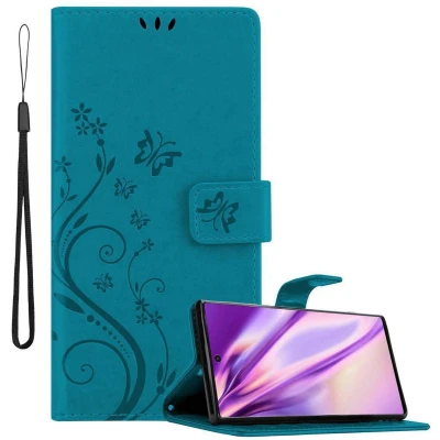 Afbeelding van Cadorabo Hoesje geschikt voor Samsung Galaxy NOTE 10 in BLOEMEN BLAUW Beschermhoes bloemmotief met magnetische sluiting, standfunctie en kaartsleuven Book Case Cover Etui