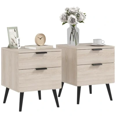 Afbeelding van HOMCOM nachtkastje, modern, Scandinavische stijl, met lade twee niveaus, poten van massief hout, voor slaapkamer, woonkamer, eikenhouteffect, 2 stuks