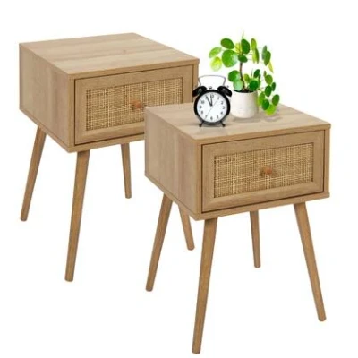 Afbeelding van MISOU Nachtkastje Met Lade Set van 2 Rotan Webbing Hout