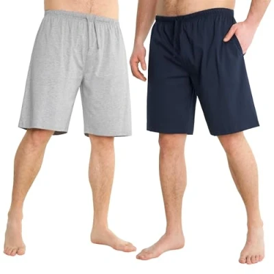 Afbeelding van Korte pyjamabroek voor heren, katoen, met zakken, 2 stuks, marineblauw/grijs