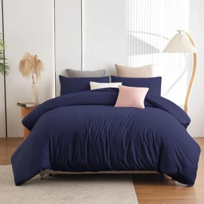 Afbeelding van Soifox Winterbeddengoed, 220 x 240 cm, marineblauw, microvezel, kreukvrij, dekbedovertrek met kussensloop 80 set van 2