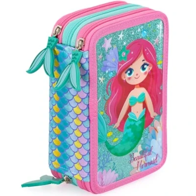 Afbeelding van Julian Ross drievoudig gevoerd etui, 44 schoolaccessoires, 20 cm, Zeemeermin, pennenhouder