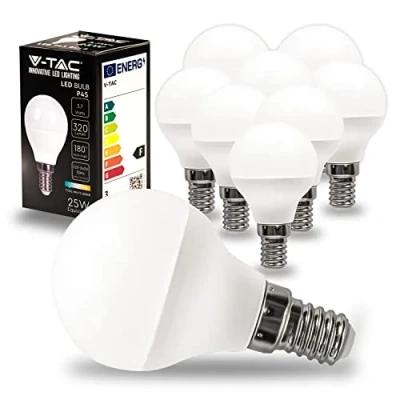 Afbeelding van V TAC 10 x ledlampen met E14 fitting, 3,7 W (komt overeen 25 W) P45 320 lumen, 6500 K, koudwit, opening van de lichtstraal 180 graden, lamp maximale efficiëntie en energiebesparing