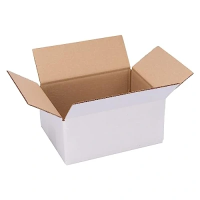 Afbeelding van verpacking 100 stuks vouwdozen 200 x 150 90 mm wit (buitenmaat 205 155 mm) KK 10 verzendkarton met enkele golven voor DHL producten DPD, XS