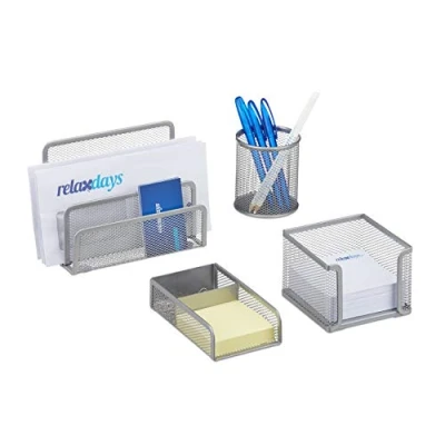 Afbeelding van Relaxdays bureau organizer set accessoires 4 delige pennenbakje Mesh zilver