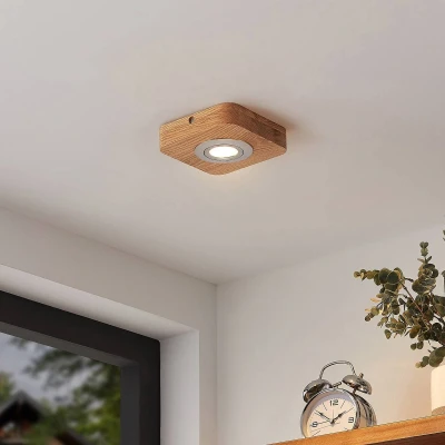 Afbeelding van Lindby plafondlamp hout 1licht eikenhout, ABS, polycarbonaat H: 3.7 cm licht hout, satijn nikkel Inclusief lichtbron