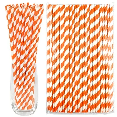 Afbeelding van Extra lange papieren consumptiebedreigingen van 26 cm, 100 tellingen, 0,6 cm diameter, oranje/witte strepen biologisch afbreekbare hoge rietjes