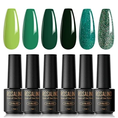 Afbeelding van ROSALIND semi permanente nagellak, 6 kleuren, mini, cyaan, groen, glitter, permanent, UV, LED, soak off, gel, nagellakset