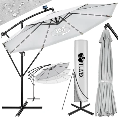 Afbeelding van tillvex Led zweefparasol van aluminium, diameter 300 cm, met zwengel, grijs, aan/uit schakelaar, tuinparasol, uv bescherming, zwengelparasol