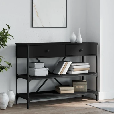Afbeelding van Wandtafel met lades en schappen bewerkt hout zwart