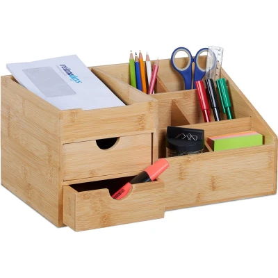 Afbeelding van Relaxdays bureau organizer met 2 lades bamboe pennenbak make up 7 vakken