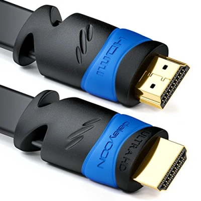 Afbeelding van deleyCON 10 m HDMI kabel, plat, compatibel met 2.0/1.4, UHD 4K 3D 1080p 2160p ARC, hoge snelheid Ethernet zwart
