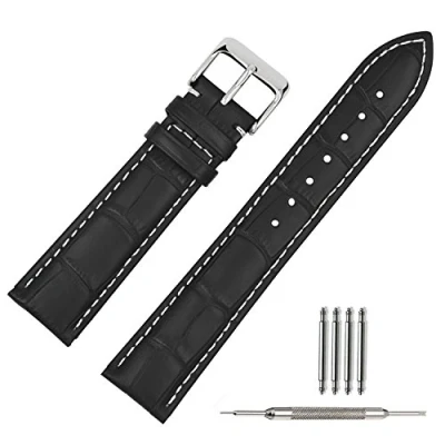 Afbeelding van TStrap Leren horlogeband Zachte reservearmband van alligator zwart bruin militaire horlogebandjes voor dames en heren Smart Watch bandsluiting , Zwart/Witte Lijn, riem