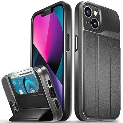 Afbeelding van VENA vCommute Beschermhoes voor Apple iPhone 13 (6,1 inch), (militaire kwaliteit, kaartvakken), lederen portemonnee hoesje met standaard grijs