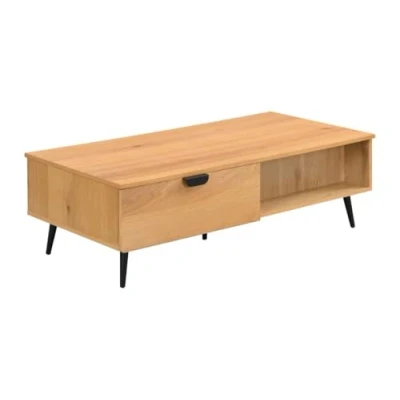 Afbeelding van Vente unique Salontafel met 2 laden en vakken eiken fineer staal Licht natuurlijk Zwart SINOLO L 120 cm x H 38 D 60