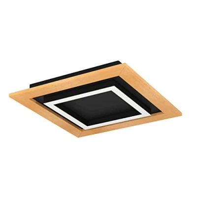 Afbeelding van EGLO Tirrenara led plafondlamp, dimbare plafondlamp met afstandsbediening, FSC100HB, vierkante lamp voor woonkamer en hal, hout, zwart metaal kunststof, wit, warm koud wit