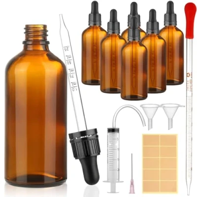 Afbeelding van modacraft Set van 6 amberkleurige glazen druppelflessen 100 ml met hulpaccessoires voor vloeistof, etherische olie, geuroliën, aromatherapie, vloeibare kleurstoffen