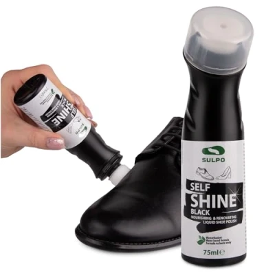 Afbeelding van SULPO Schoensmeer Express zwart, schoenpoets voor leer, met sponsapplicator, waterbasis, leerverzorging, Self Shine Liquid Shoe Cream, 75 ml, zwart.