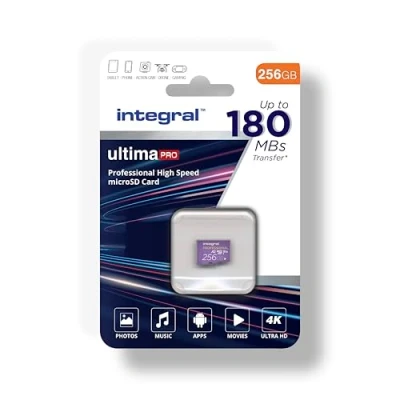 Afbeelding van Integral 256 GB 4K micro SD kaart 180 MB/s videoleessnelheid en 150 schrijfsnelheid MicroSDXC A2 C10 U3 UHS I V30 Onze snelste high speed geheugenkaart
