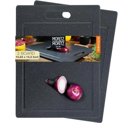 Afbeelding van Moritz &amp; snijplank van kunststof, 36 x 27,5 cm, in granietlook, met antislipvoeten, opening en saptril, 2 stuks