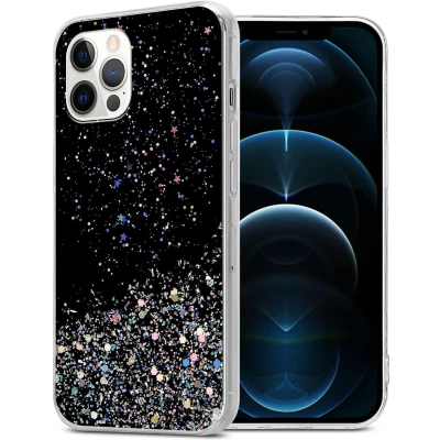 Afbeelding van Cadorabo Hoesje geschikt voor Apple iPhone 12Apple 12 Pro in Zwart met Glitter Beschermhoes van flexibel TPU silicone fonkelende glitters Case Cover Etui