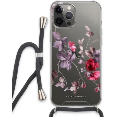 Afbeelding van Case Company® hoesje met Koord geschikt voor iPhone 13 Pro Max Mooie bloemen Telefoonhoesje Zwart Extra Bescherming aan alle Kanten en Over de Schermrand