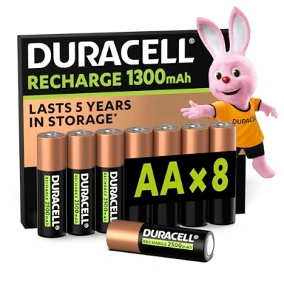 Afbeelding van Duracell Oplaadbare AA batterijen (8 stuks), 1300 mAh NiMH, 2000 navullingen, voorgeladen, lange levensduur, recyclebare verpakking 0% kunststof