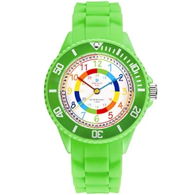 Afbeelding van Alienwork Kinderhorloge van leer, uurwerk voor jongens en meisjes om te leren klokkijken, waterdicht 5 ATM