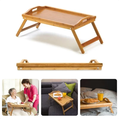 Afbeelding van Cheqo® Bamboe Dienblad Bedtafel Laptoptafel Banktafel Ontbijt op Bed 50x30cm Uitklapbaar Donker Gelakt