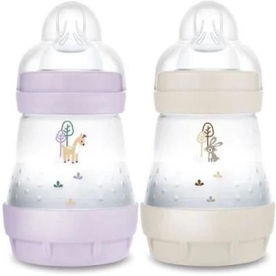 Image de Lot de 2 Biberons MAM Easy Start Anti colique 160 ml Tétine débit 1 Lilas + Sable
