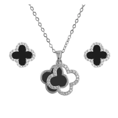 Afbeelding van Hanaoops Sieradensets klavertjevier voor dames meisjes goud zilver Titanium staal zwart geluksbrenger ketting oorbellen sieradenset geschenken, staal, Zirkonia
