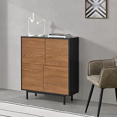 Image de Commode Design à 4 Portes de Tailles Différentes pour Chambre Meuble Rangement Stylé Capacité Charge 20 kg Panneau Particules Métal 93 x 80 30 cm Noir Effet Bois Foncé [en.casa]