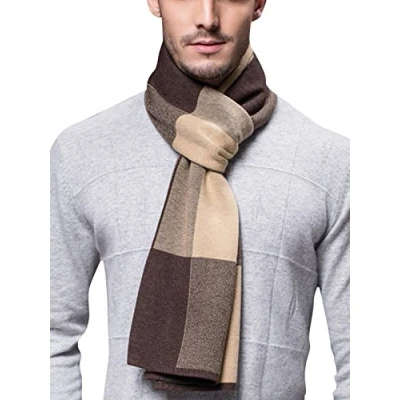 Afbeelding van WANYING Heren Sjaal 6% Wol Herfst Winter Easy Chic Gentleman Gebreide 180 x 30 cm Gestreept, A04 geruit kaki en bruin