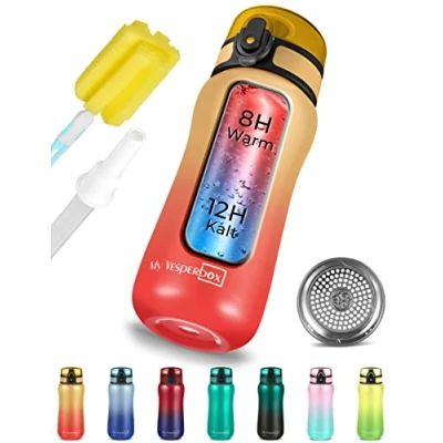 Afbeelding van Roestvrij stalen thermosfles Lekvrij met rietje of zeef 400 ml, 600 ml BPA vrij voor kleuterschool, school (rood oranje, ml)