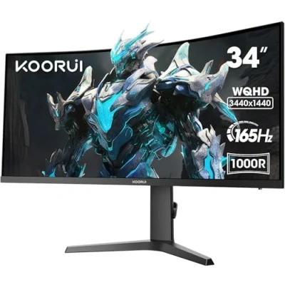 Afbeelding van KOORUI PC monitor voor gaming, gebogen, 34 inch, 165 Hz, WQHD 3440 x 1440, 1000R, 1MS, VA, DCI P3 90%, Adaptive Sync, 2 HDMI 100 Hz en displaypoort VESA 75 mm
