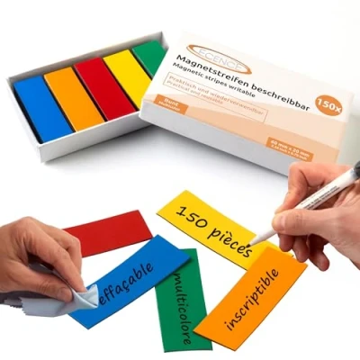 Afbeelding van ECENCE 150 magnetische etiketten, beschrijfbaar, 60 x 20 mm, in meerdere kleuren en op maat te snijden, whiteboards, koelkasten