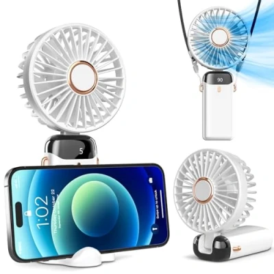 Afbeelding van Koonie Draagbare ventilator op batterijen met standaard, 8 uur, digitaal display, 5 snelheden, 90 graden verstelbaar, mini ventilator, oplaadbaar, voor binnen en buiten, wit