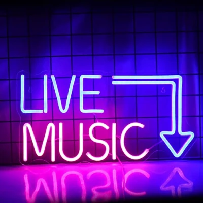Afbeelding van Live muziek neon logo letters lichtgevend bar bierbar, muziekstudio, slaapkamer muur, feest, club (blauw roze)