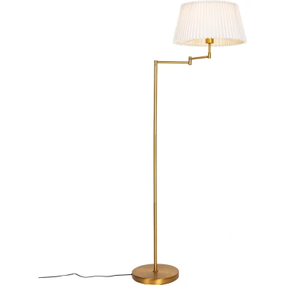 Afbeelding van QAZQA Vloerlamp brons met wit plisse kap en verstelbare arm Ladas