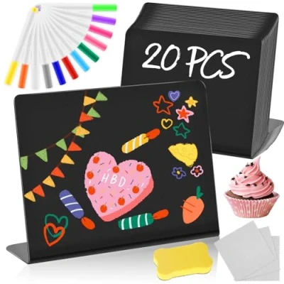 Afbeelding van WuGU Set van 20 kleine krijtborden met 12 uitwisbare pennen Voor buffet, bruiloft, feest, café 7,5 x 10 cm