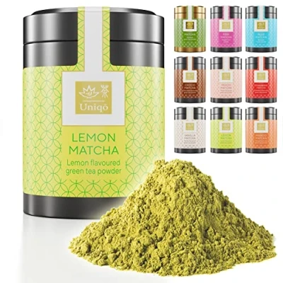 Afbeelding van Tea Uniqo Matcha citroenthee, ideaal om te drinken, voor ijs, latte, milkshakes, of mee koken, Japans groenetheepoeder met citroensmaak, zonder kunstmatige kleurstoffen, in een elegante doos