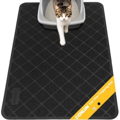 Afbeelding van Conlun kattenbakmat, mat kattenbakvulling, 89 x 58 cm, rooster, strooicontrole, design, kattenbakonderlegger, waterdicht urinebestendig materiaal, gemakkelijk te reinigen (zwart)