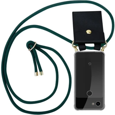 Afbeelding van Cadorabo Hoesje geschikt voor Google PIXEL 3A in LEGER GROEN Silicone Mobiele telefoon ketting beschermhoes met gouden ringen, koordriem en afneembare etui