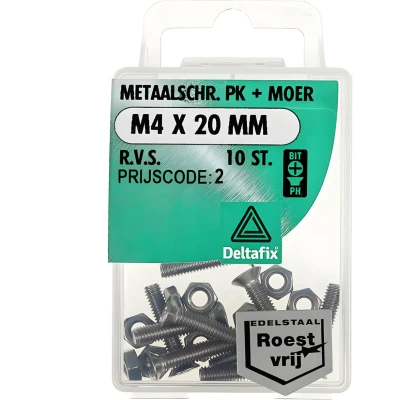 Afbeelding van Deltafix Metaalschroef R.V.S. PK + Moer M4 x 20 mm 10 stuks
