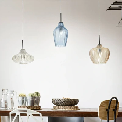 Afbeelding van Olbia hanglamp, lineair, 3 lamps, amber/blauw/beige, glas