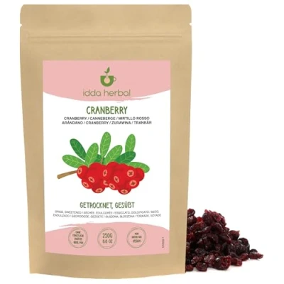 Afbeelding van Gedroogde veenbessen (250 g), hele veenbessen, gezoet met appelsap, pluizig, fruitsnack klaar om te eten, veganistisch