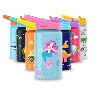 Afbeelding van BOZ Geïsoleerde waterfles voor kinderen met rietdeksel, dubbelwandige vacuümbeker van roestvrij staal, 414 ml, krasbestendig, schattige print en draaggreep,
