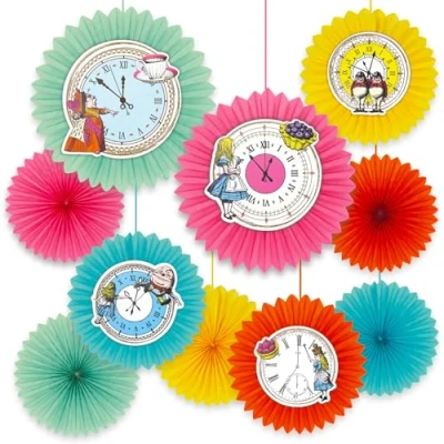 Afbeelding van Talking Tables 10 x Alice in Wonderland Curious Clock Fans Paper Hanging Decoration for Kids Birthdays, Mad Hatter Tea Party, Onederland, Baby Shower