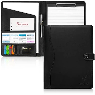Afbeelding van AMKSONS Schrijfmap A4 in zwart inclusief klembord &amp; DIN notitieblok Premium conferentiemap van PU leer met documentenvakken, penhouder, klapdeksel en magneetsluiting